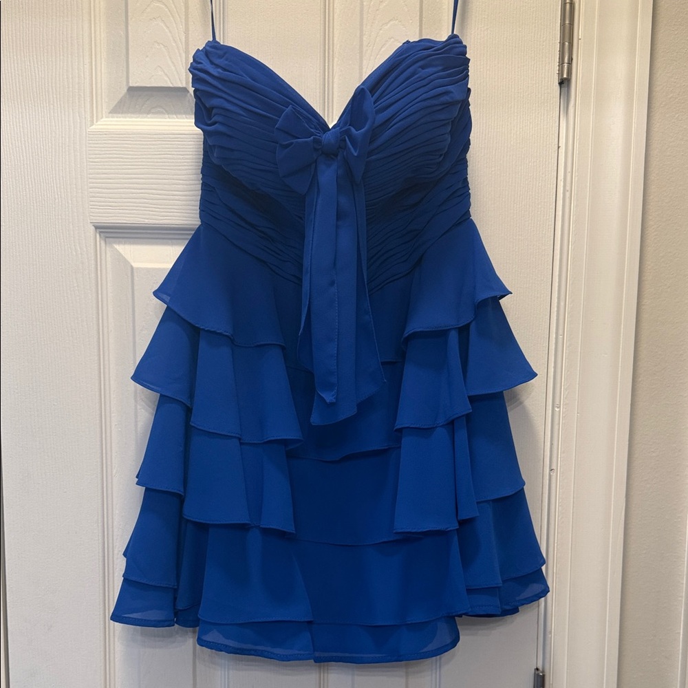 Stacees Blue Tiered Ruffle Strapless Dress